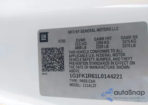 2020 Chevrolet Camaro Rwd Zl1 из США, поврежденный, VIN 1G1FK1R61L0144221